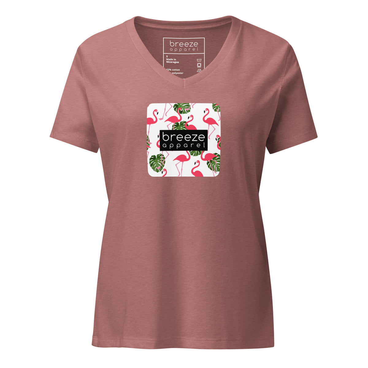 Mauve v-neck t-shirt with graphic of flamingos overlaid with black logo.