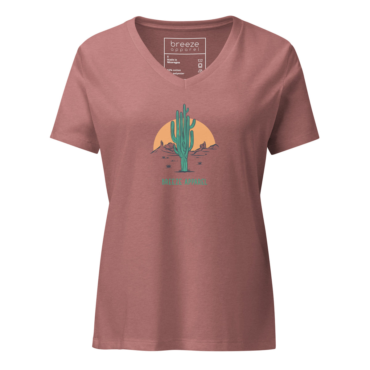 Mauve v-neck t-shirt with cactus graphic.