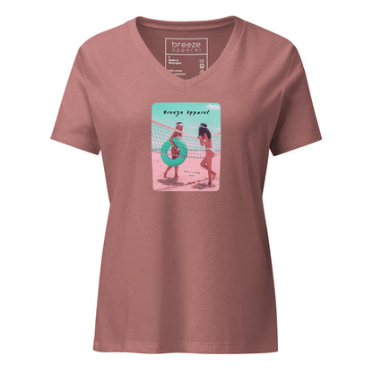 Mauve v-neck t-shirt with graphic of two women on the beach.