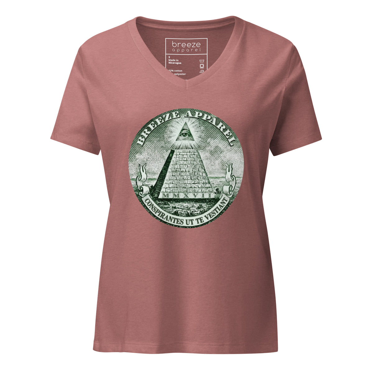 Mauve, v-neck t-shirt with graphic resembling pyramid from US one-dollar bill.