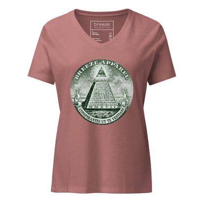 Mauve, v-neck t-shirt with graphic resembling pyramid from US one-dollar bill.