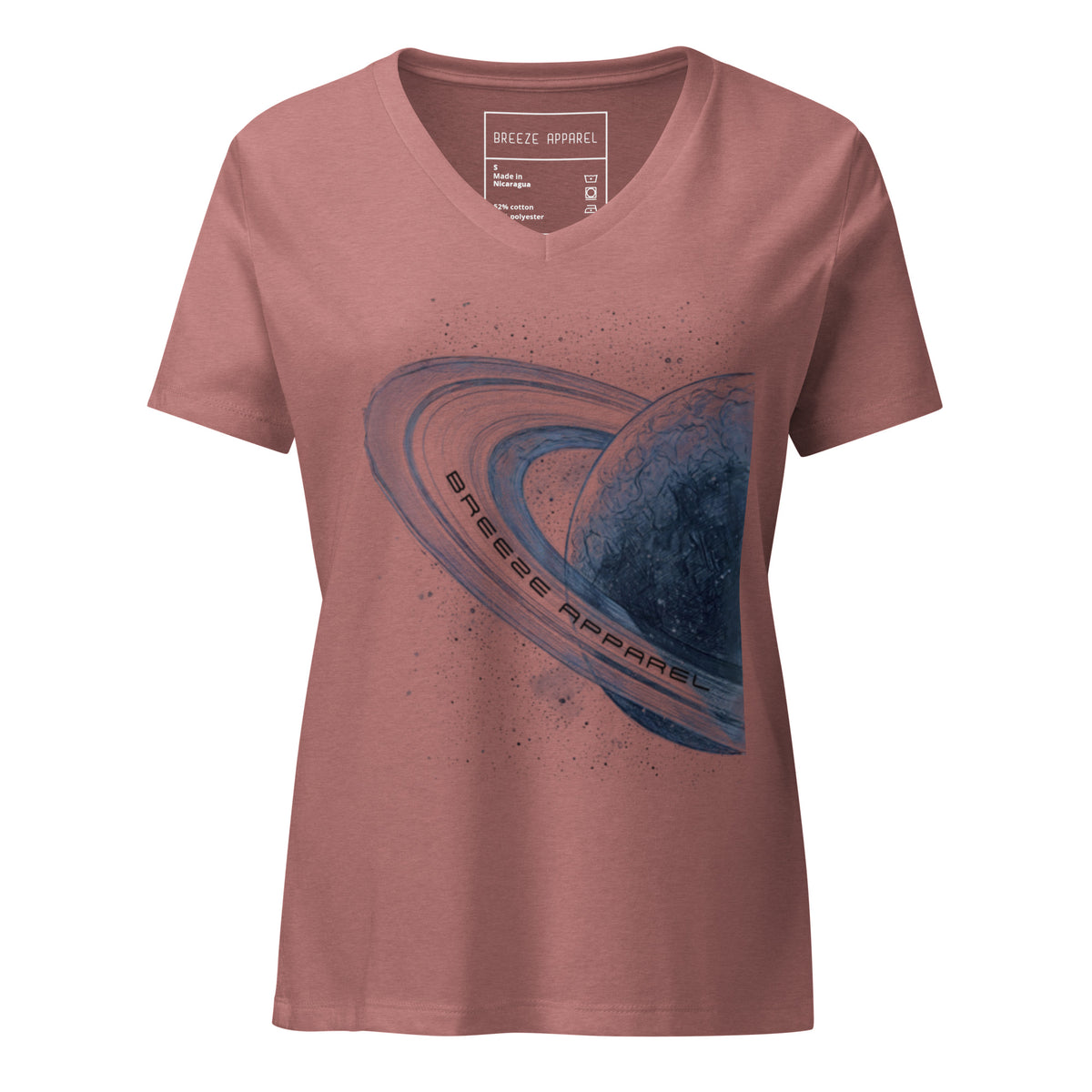 Mauve t-shirt with graphic of blue planet.