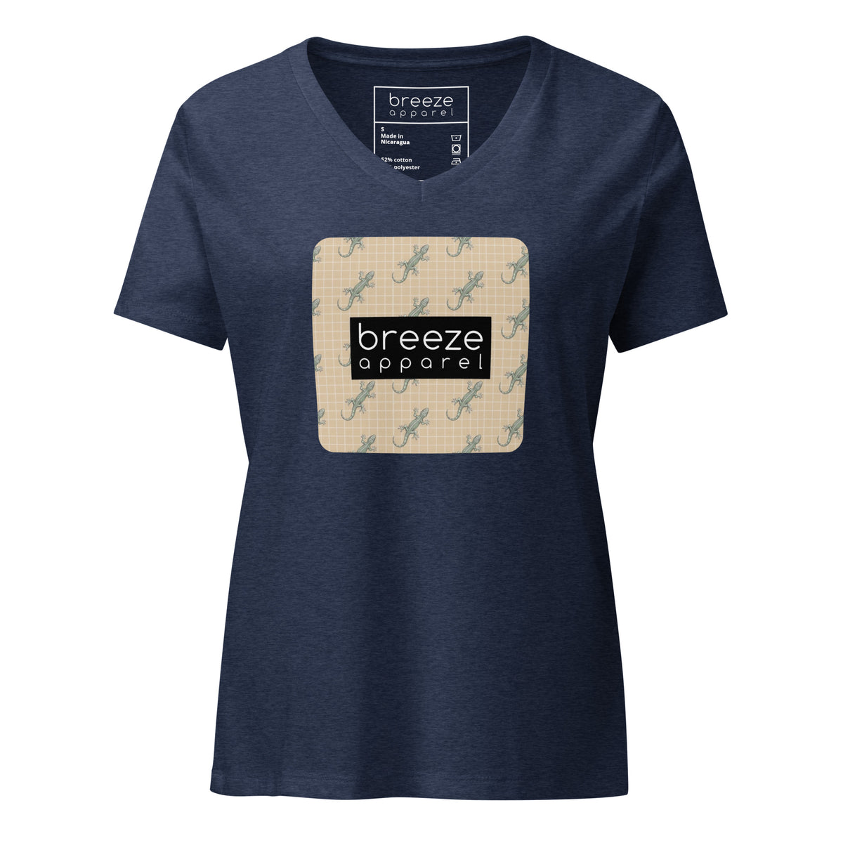 Navy t-shirt with square over chest that contains pattern of green geckos set on beige background, overlaid with black, rectangular logo with white lettering.
