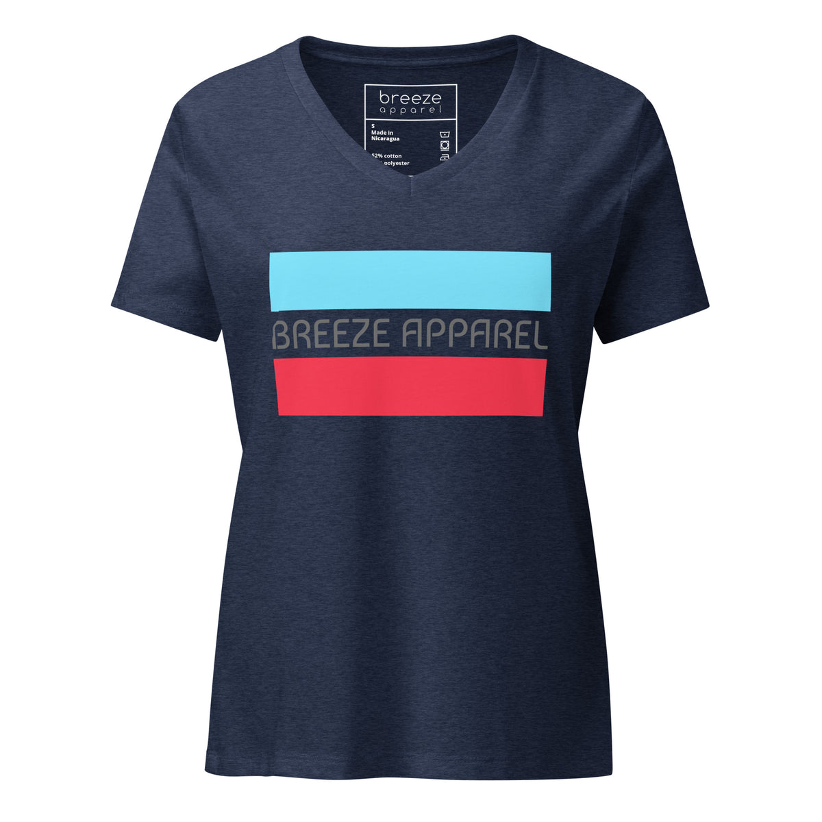 Navy v-neck t-shirt with gray 'Breeze Apparel' logo between horizontal bars, the top being light blue and the bottom being red.