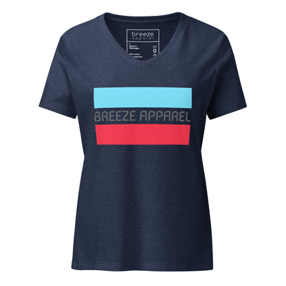 Navy v-neck t-shirt with gray 'Breeze Apparel' logo between horizontal bars, the top being light blue and the bottom being red.