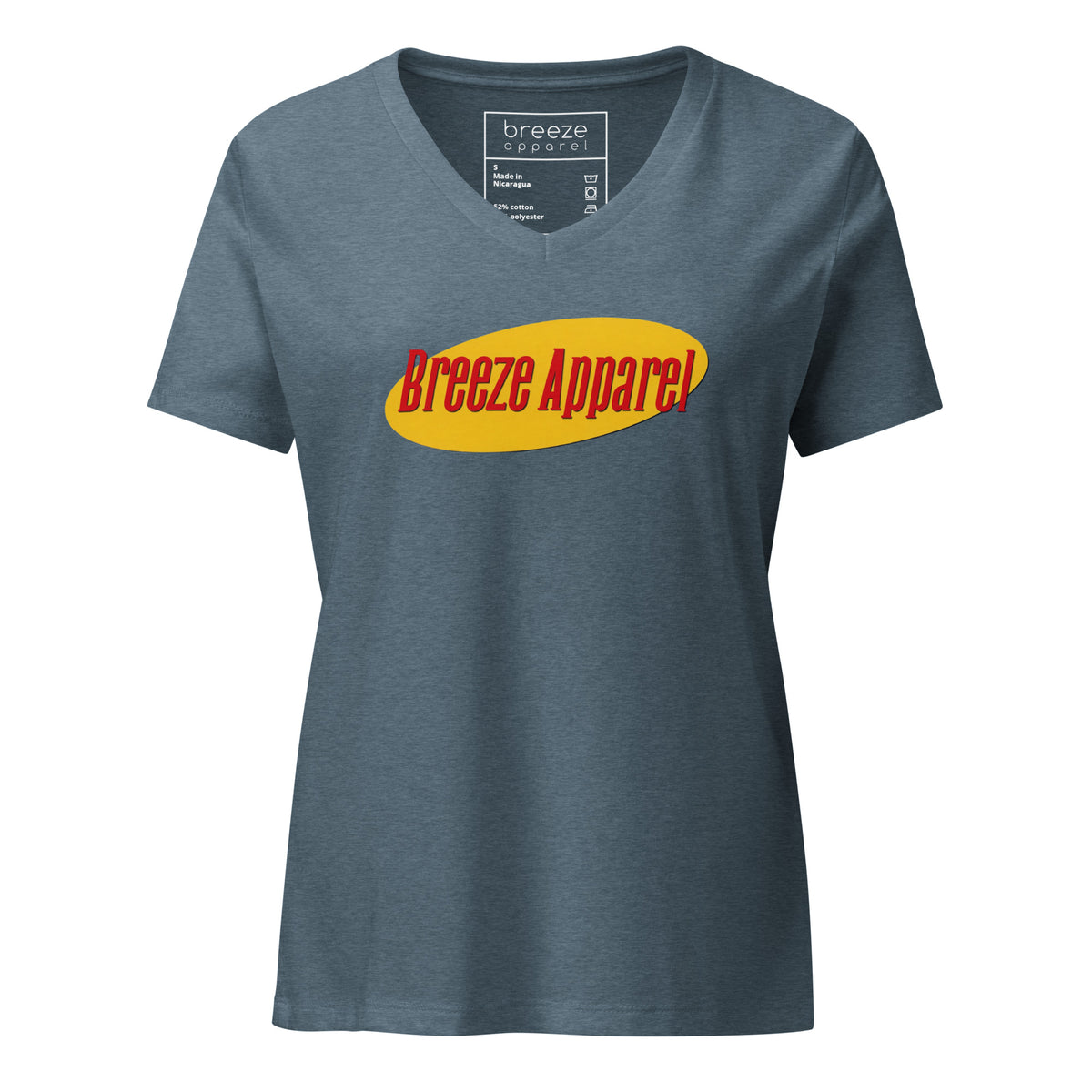 Navy v-neck with graphic of "Breeze Apparel" in red lettering set on a yellow oval.