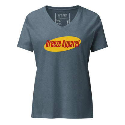 Navy v-neck with graphic of "Breeze Apparel" in red lettering set on a yellow oval.