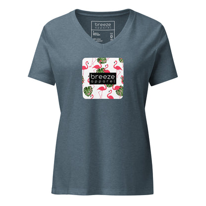Blue v-neck t-shirt with graphic of flamingos overlaid with black logo.