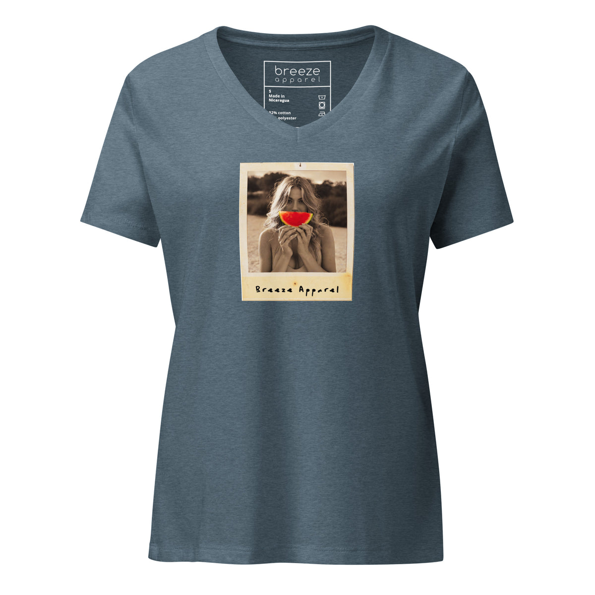 Blue v-neck t-shirt with graphic of woman holding slice of watermelon in front of her mouth.