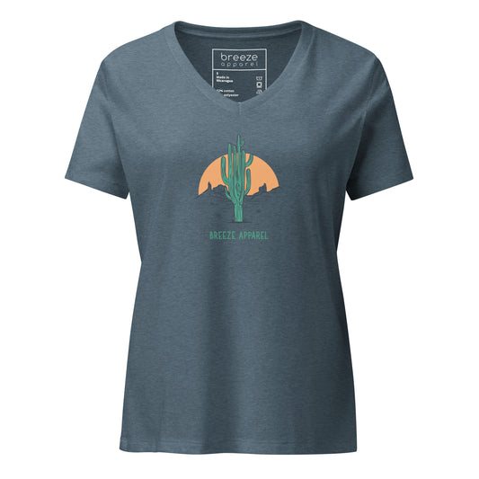 Blue v-neck t-shirt with cactus graphic.