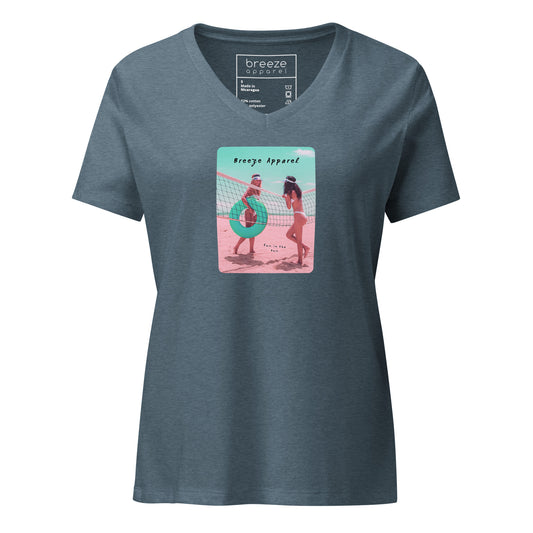 Blue v-neck t-shirt with graphic of two women on the beach.