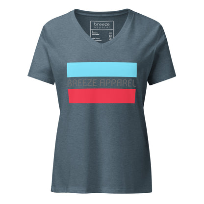 Blue v-neck t-shirt with gray 'Breeze Apparel' logo between horizontal bars, the top being light blue and the bottom being red.
