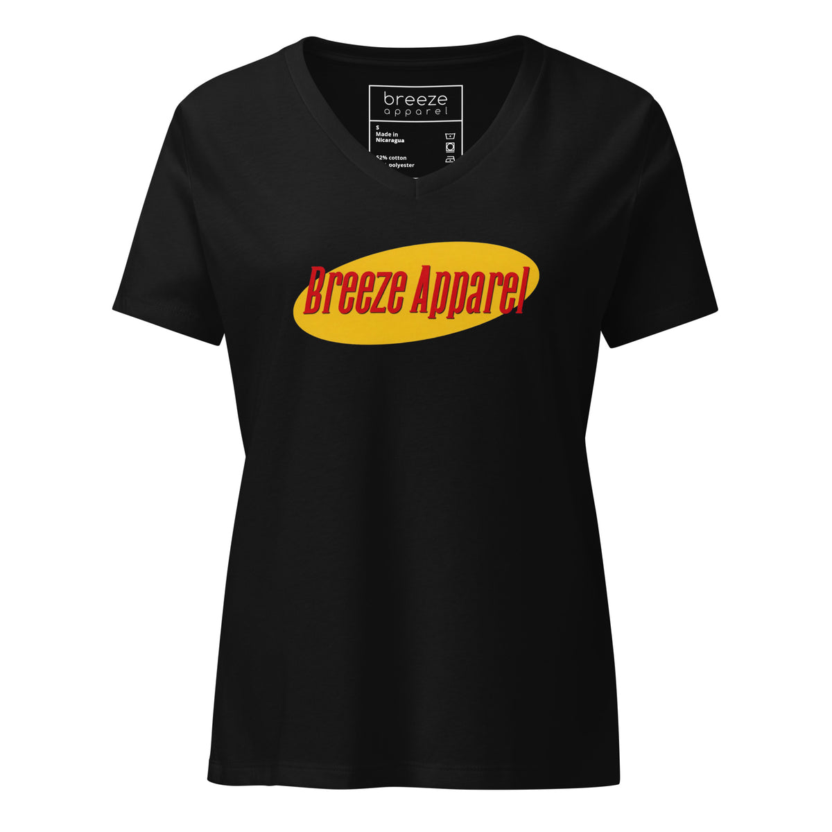 Black v-neck with graphic of "Breeze Apparel" in red lettering set on a yellow oval.