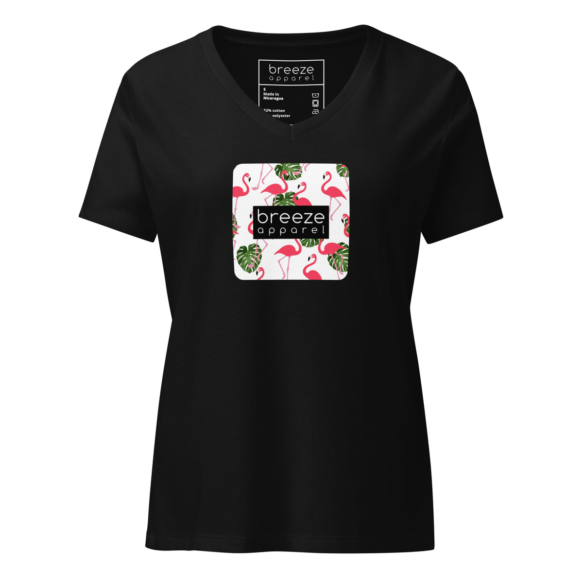 Black v-neck t-shirt with graphic of flamingos overlaid with black logo.