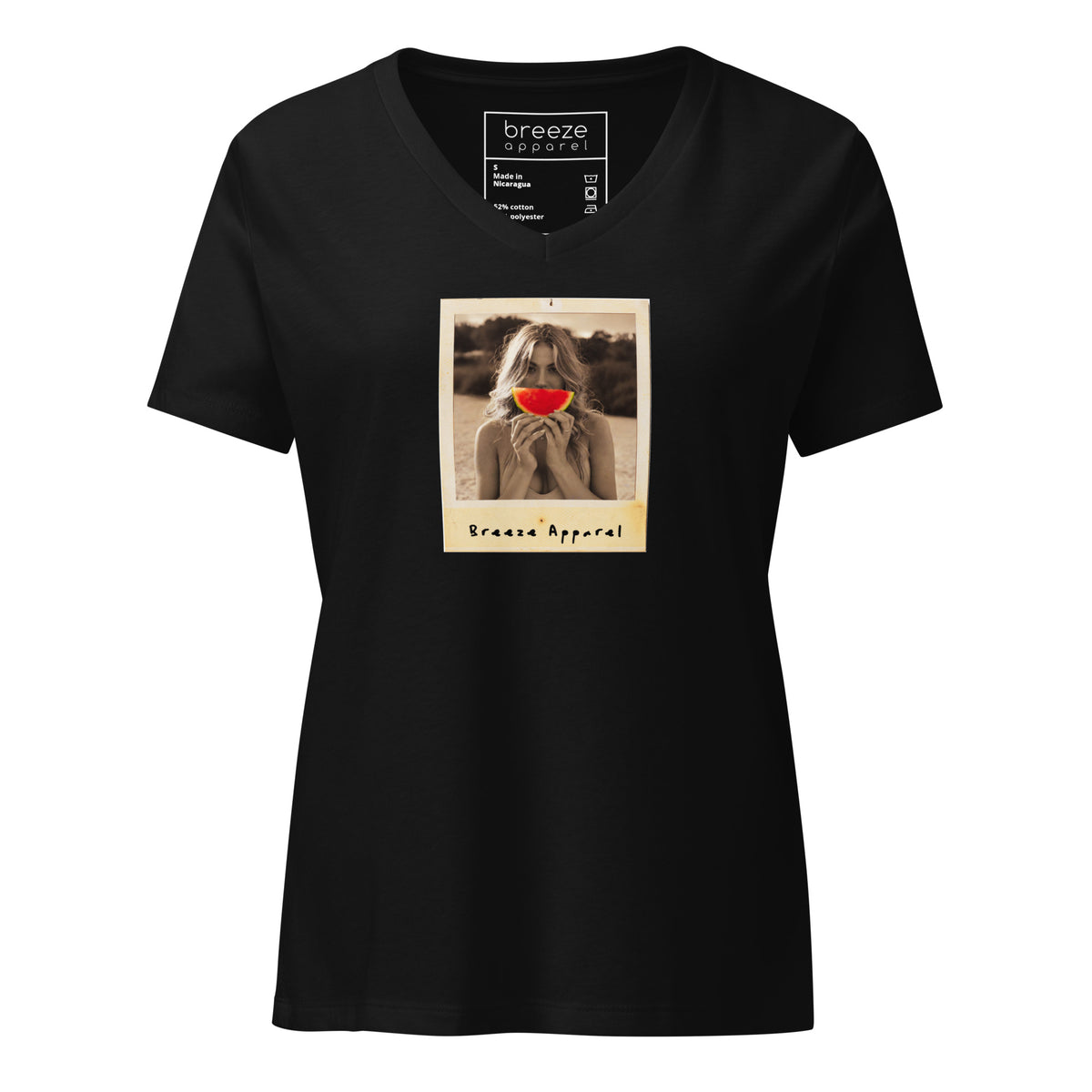 Black v-neck t-shirt with graphic of woman holding slice of watermelon in front of her mouth.