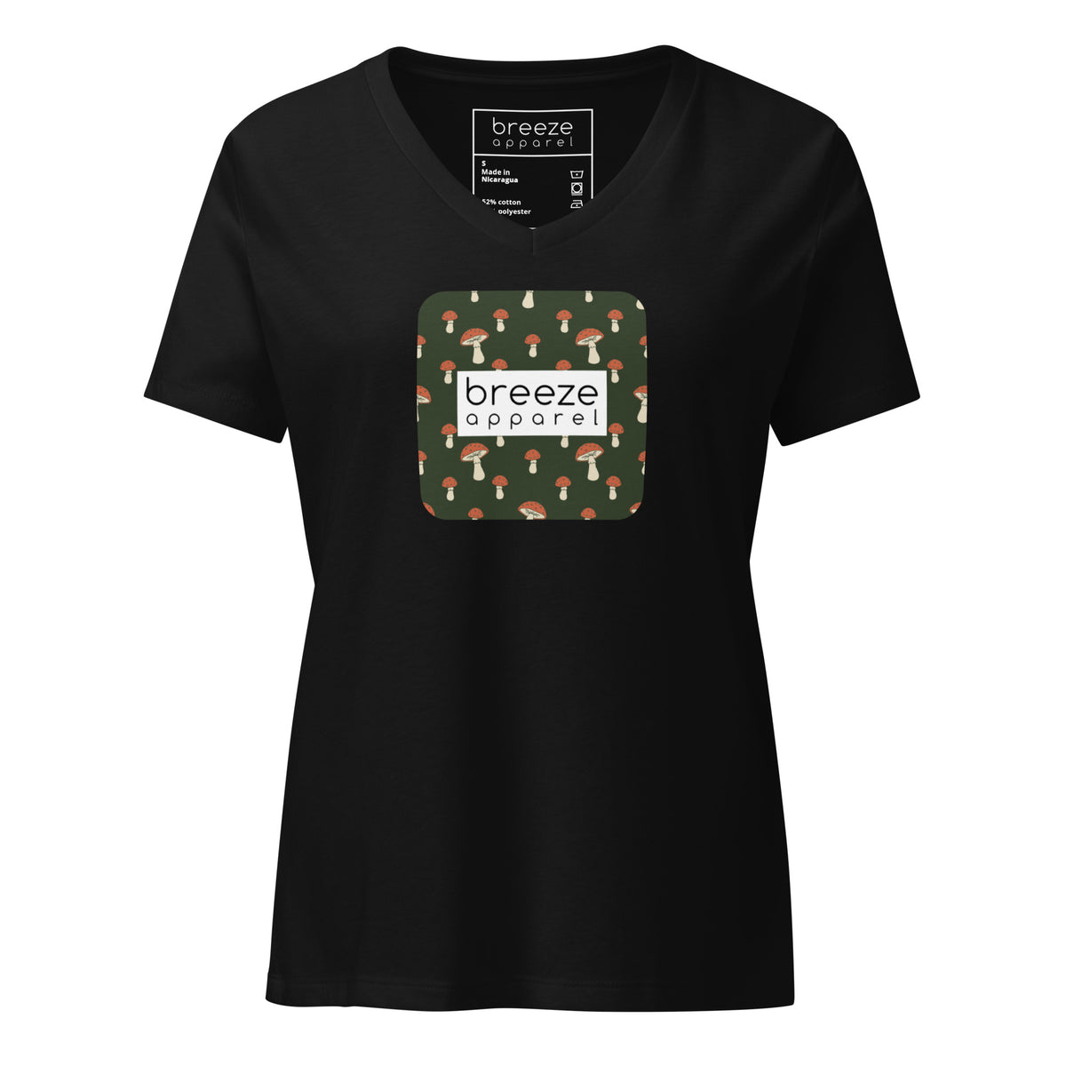 Black v-neck t-shirt with graphic of mushrooms set on a green background and overlaid with white logo.