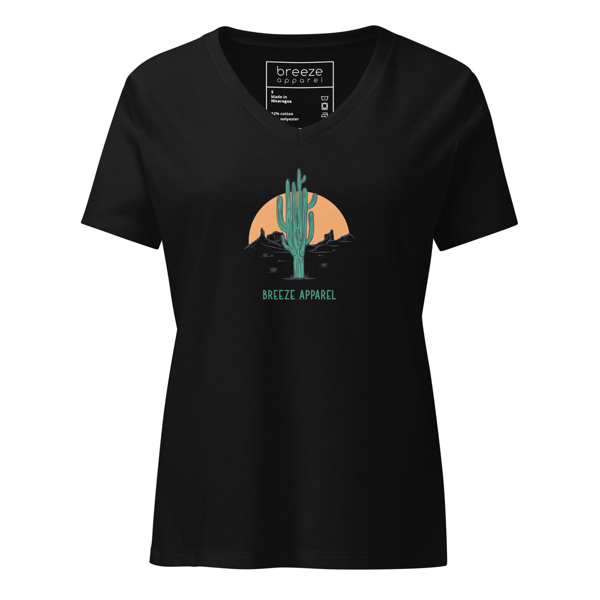 Black v-neck t-shirt with cactus graphic.