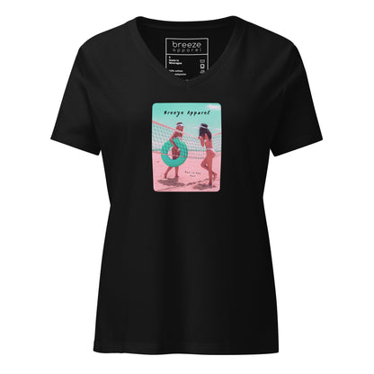 Black v-neck t-shirt with graphic of two women on the beach.