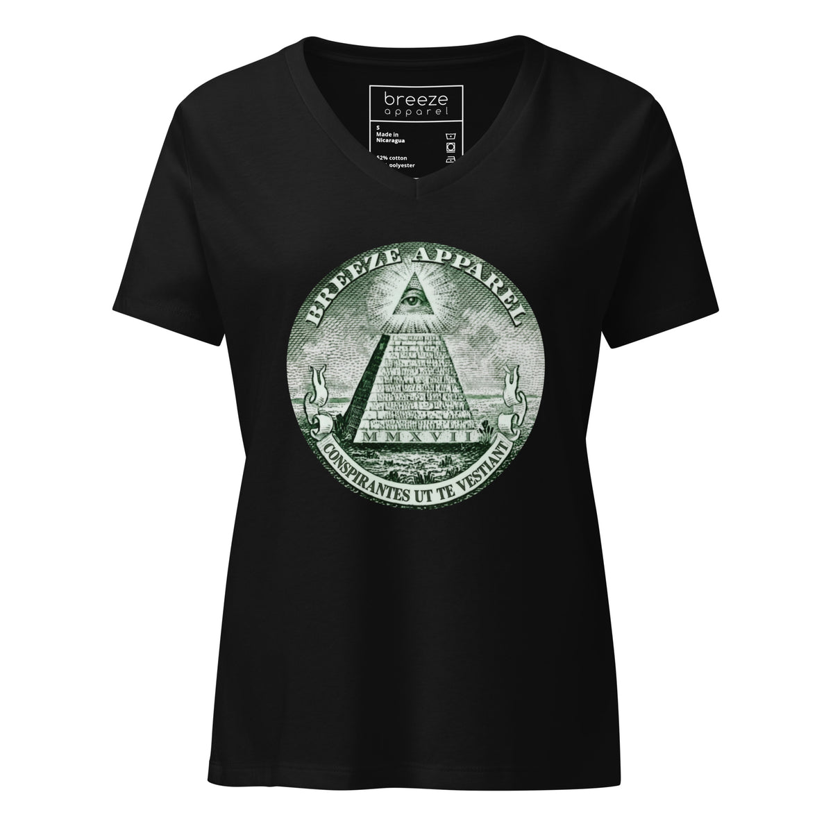 Black, v-neck t-shirt with graphic resembling pyramid from US one-dollar bill.
