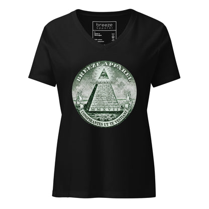 Black, v-neck t-shirt with graphic resembling pyramid from US one-dollar bill.