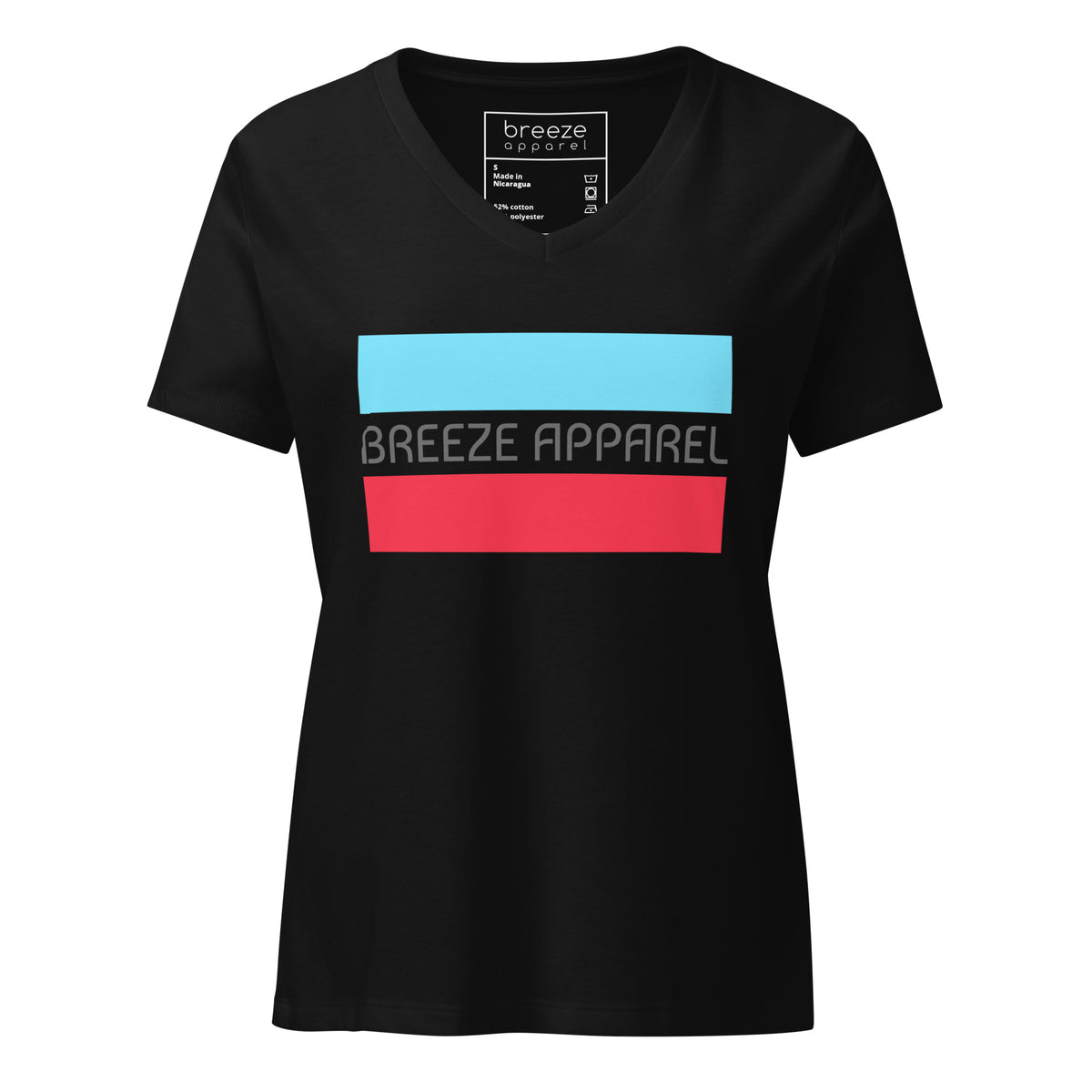 Black v-neck t-shirt with gray 'Breeze Apparel' logo between horizontal bars, the top being light blue and the bottom being red.