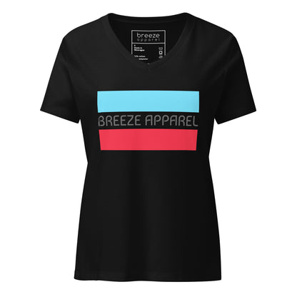 Black v-neck t-shirt with gray 'Breeze Apparel' logo between horizontal bars, the top being light blue and the bottom being red.