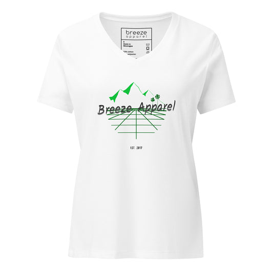 White v-neck t-shirt with 'Breeze Apparel' logo set on a graphic of a grid, palm trees, and mountains.