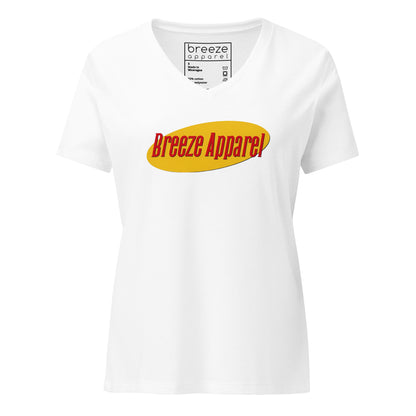White v-neck with graphic of "Breeze Apparel" in red lettering set on a yellow oval.