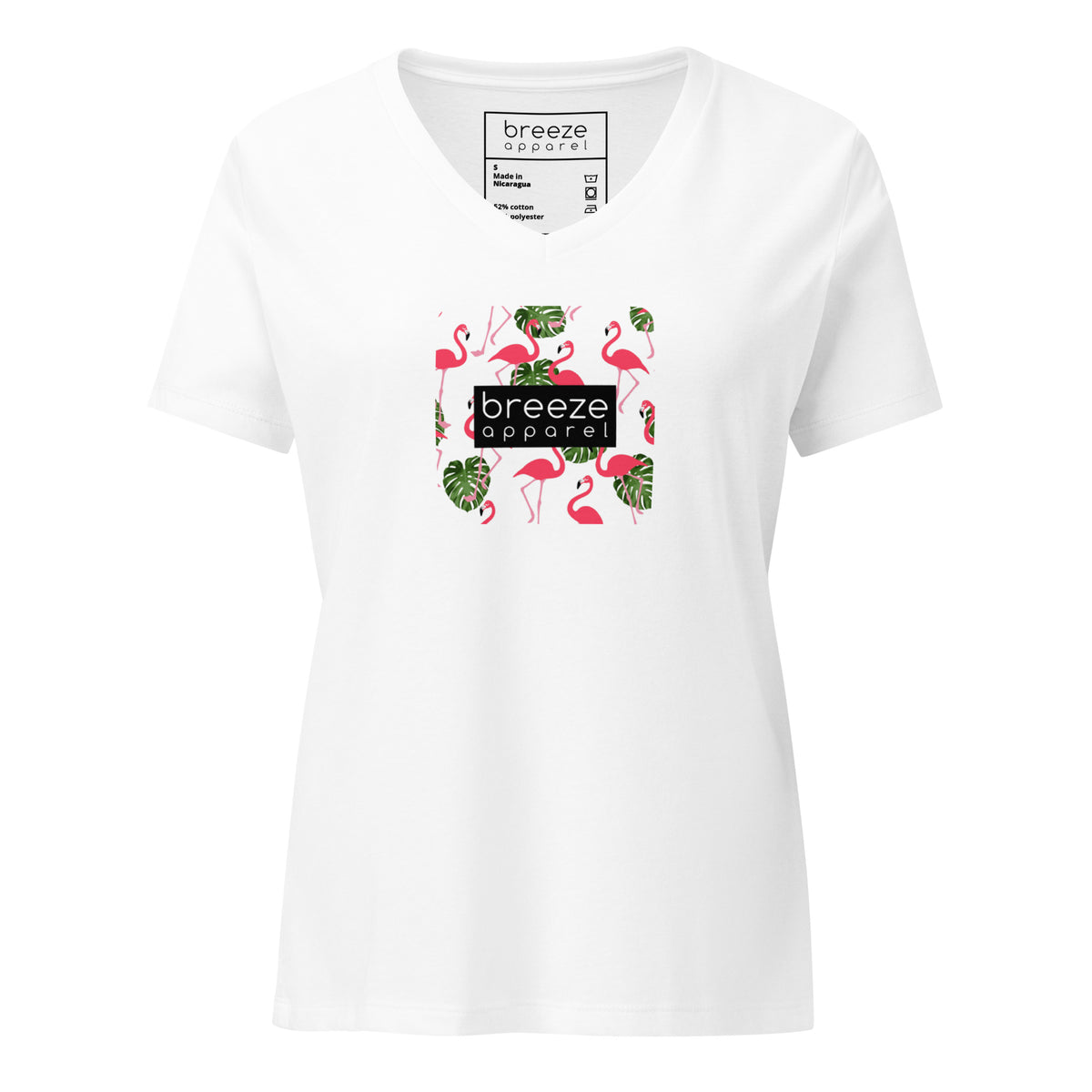 White v-neck t-shirt with graphic of flamingos overlaid with black logo.