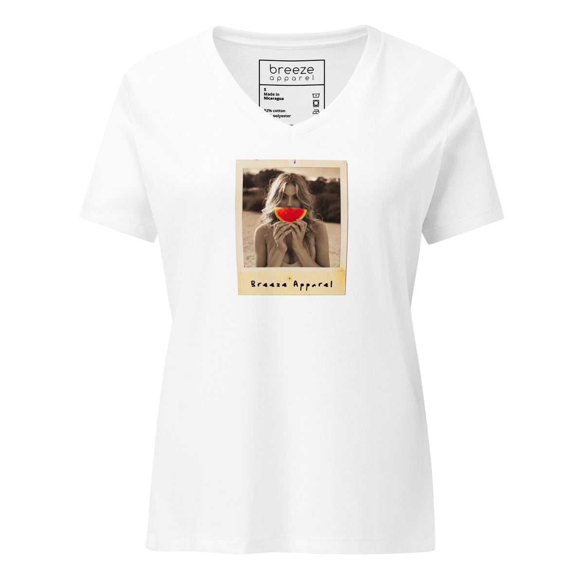 White v-neck t-shirt with graphic of woman holding slice of watermelon in front of her mouth.