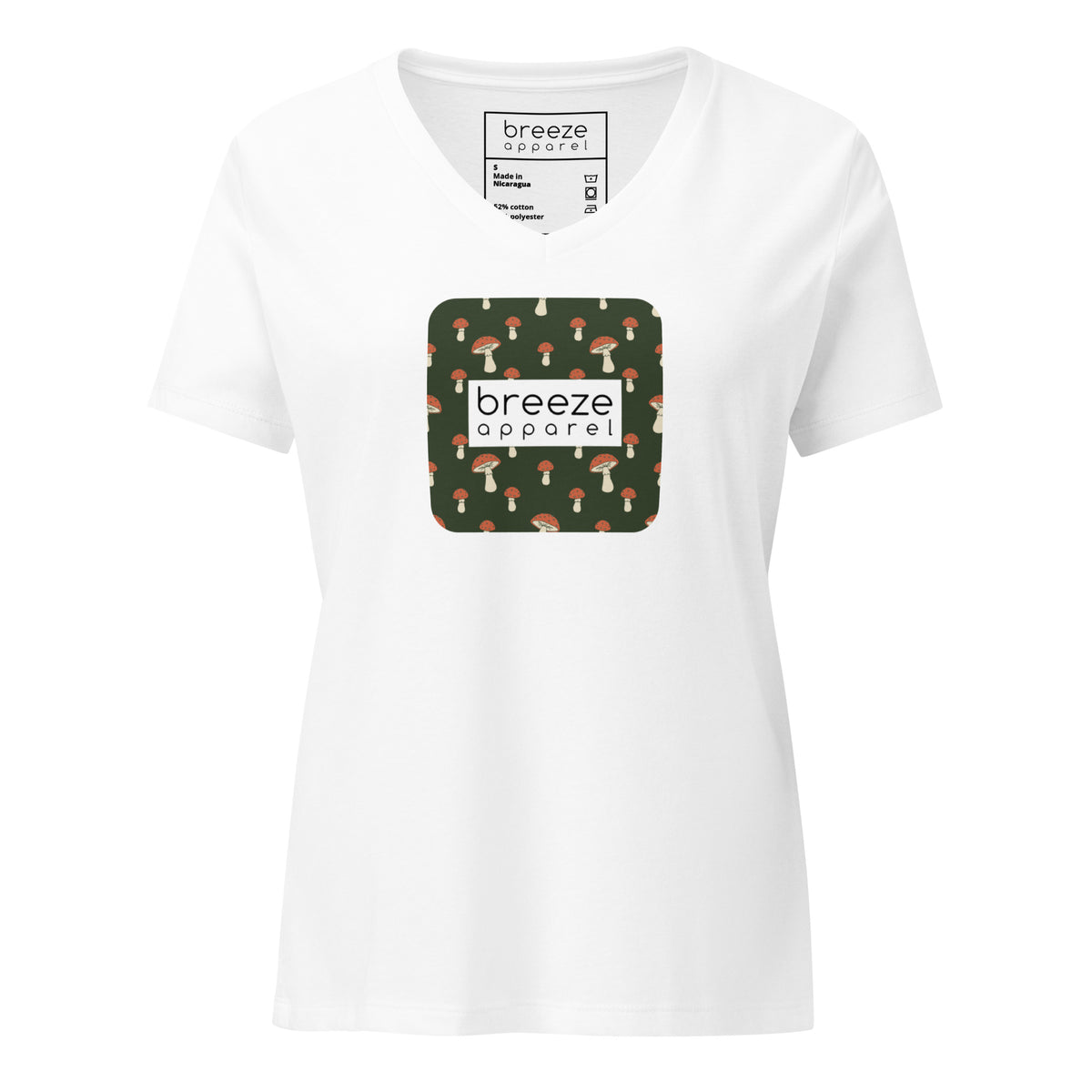 White v-neck t-shirt with graphic of mushrooms set on a green background and overlaid with white logo.