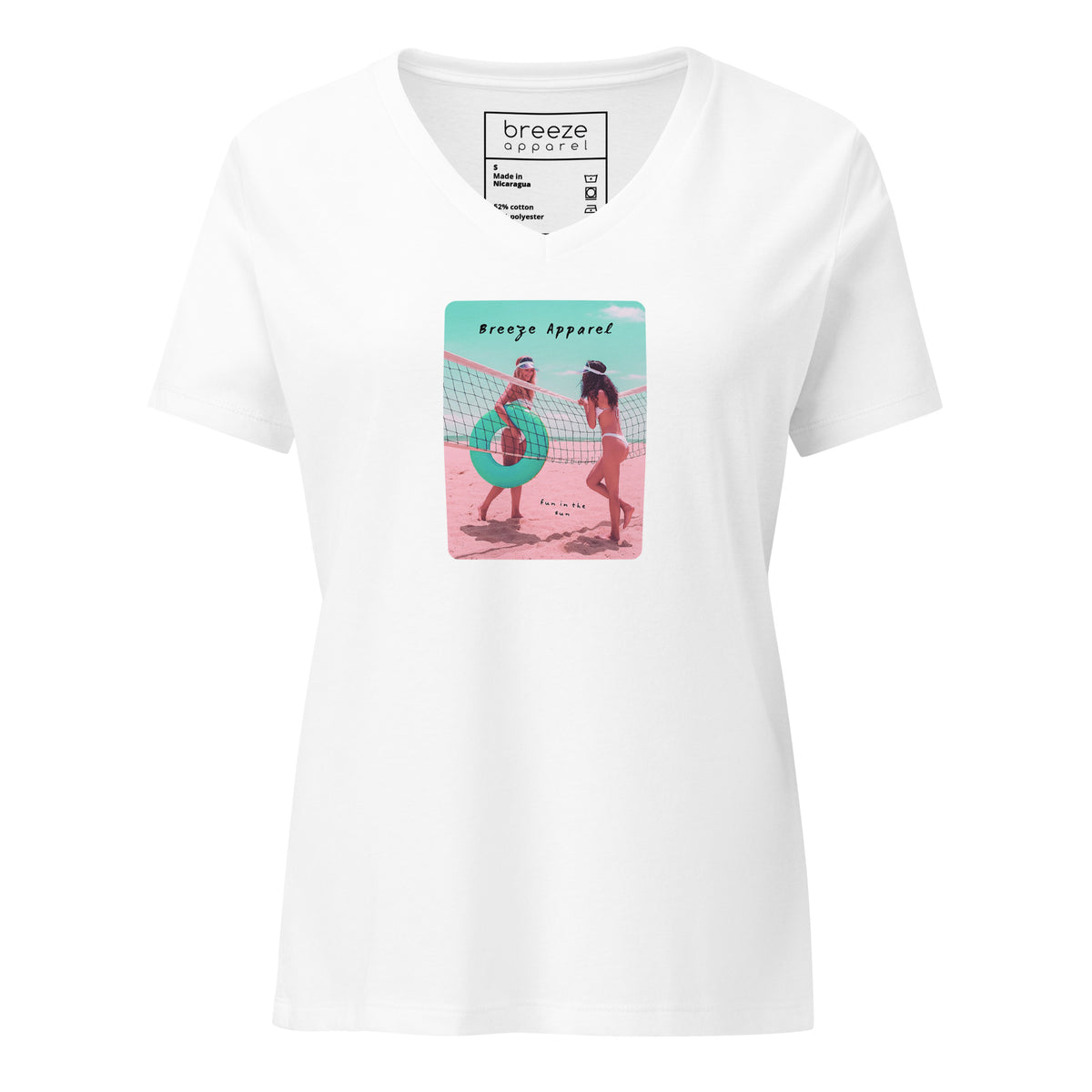 White v-neck t-shirt with graphic of two women on the beach.