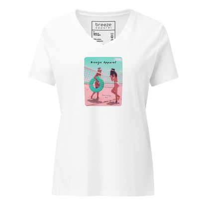 White v-neck t-shirt with graphic of two women on the beach.
