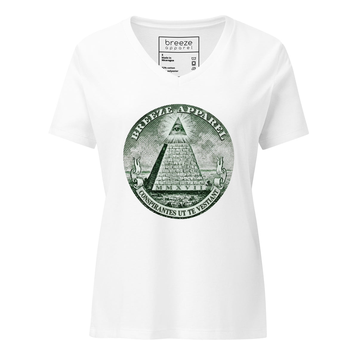 White, v-neck t-shirt with graphic resembling pyramid from US one-dollar bill.