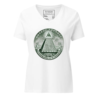 White, v-neck t-shirt with graphic resembling pyramid from US one-dollar bill.