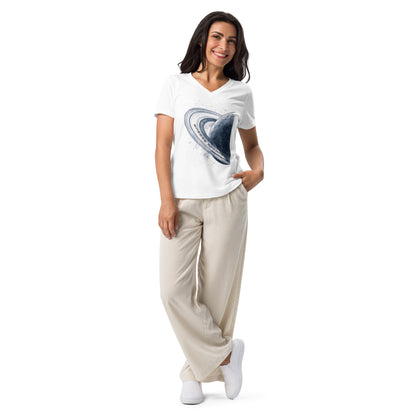 Woman wearing white t-shirt with graphic of blue planet.
