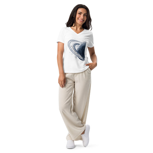 Woman wearing white t-shirt with graphic of blue planet.
