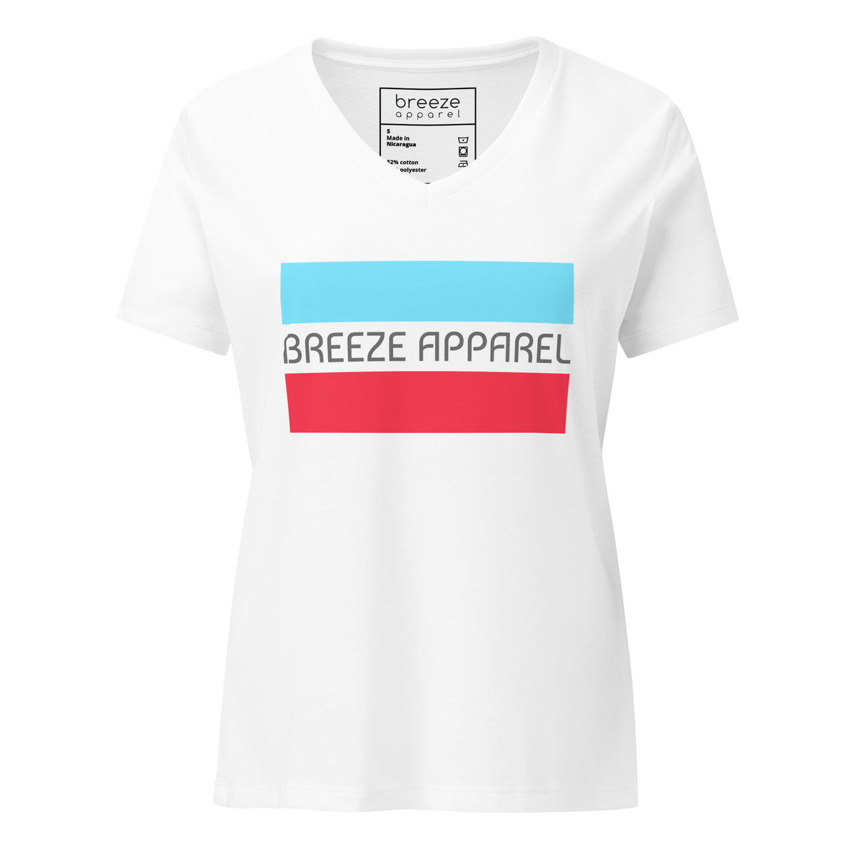 White v-neck t-shirt with gray 'Breeze Apparel' logo between horizontal bars, the top being light blue and the bottom being red.