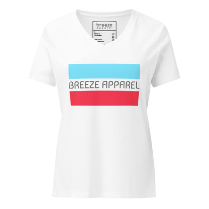 White v-neck t-shirt with gray 'Breeze Apparel' logo between horizontal bars, the top being light blue and the bottom being red.