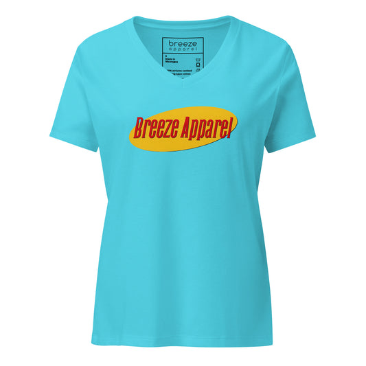 Turquoise v-neck with graphic of "Breeze Apparel" in red lettering set on a yellow oval.