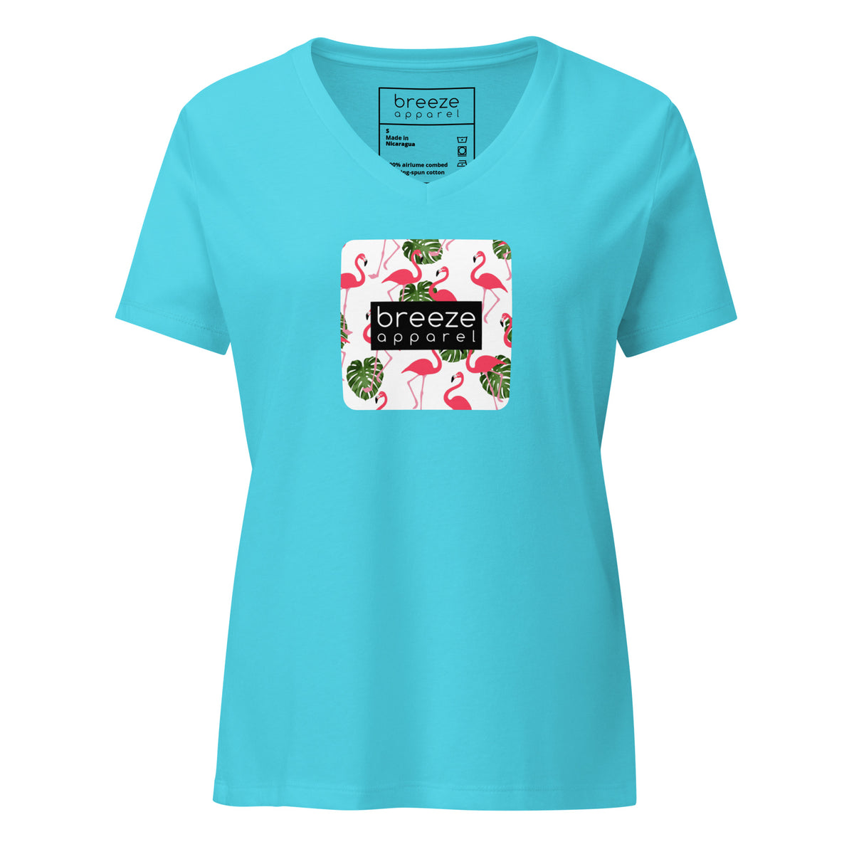 Turquoise v-neck t-shirt with graphic of flamingos overlaid with black logo.