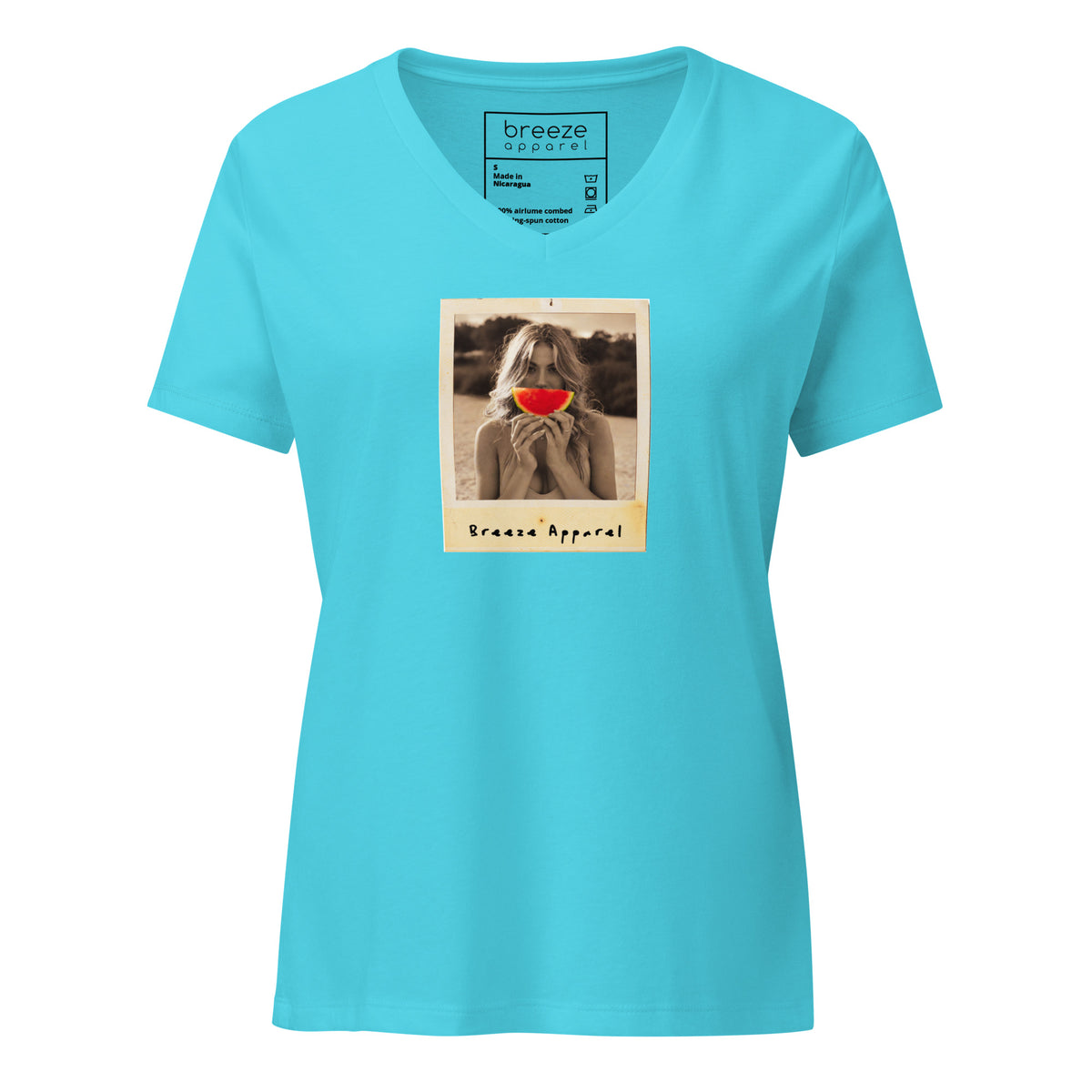 Turquoise v-neck t-shirt with graphic of woman holding slice of watermelon in front of her mouth.