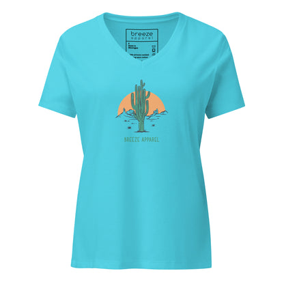 Turquoise v-neck t-shirt with cactus graphic.