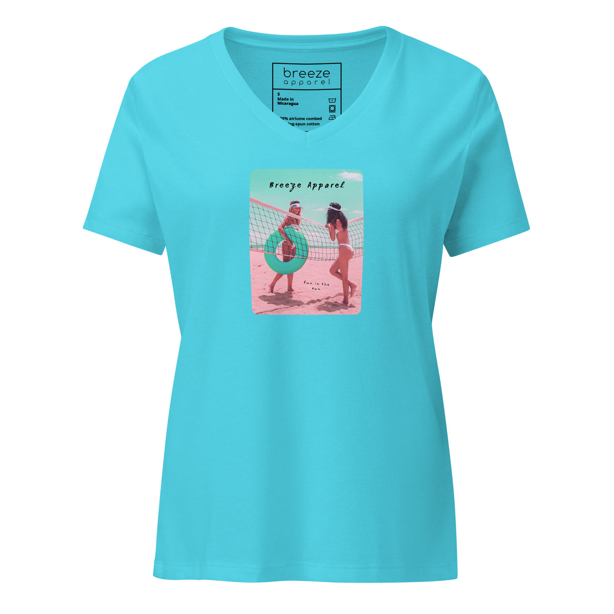 Turquoise v-neck t-shirt with graphic of two women on the beach.