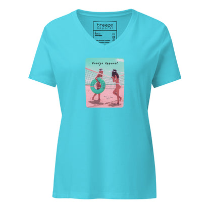 Turquoise v-neck t-shirt with graphic of two women on the beach.