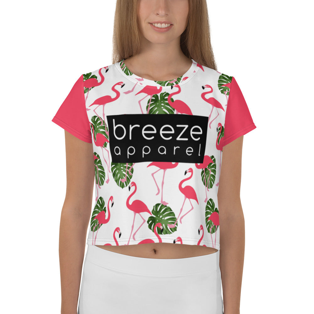 'Flamingos' all-over crop top (white)