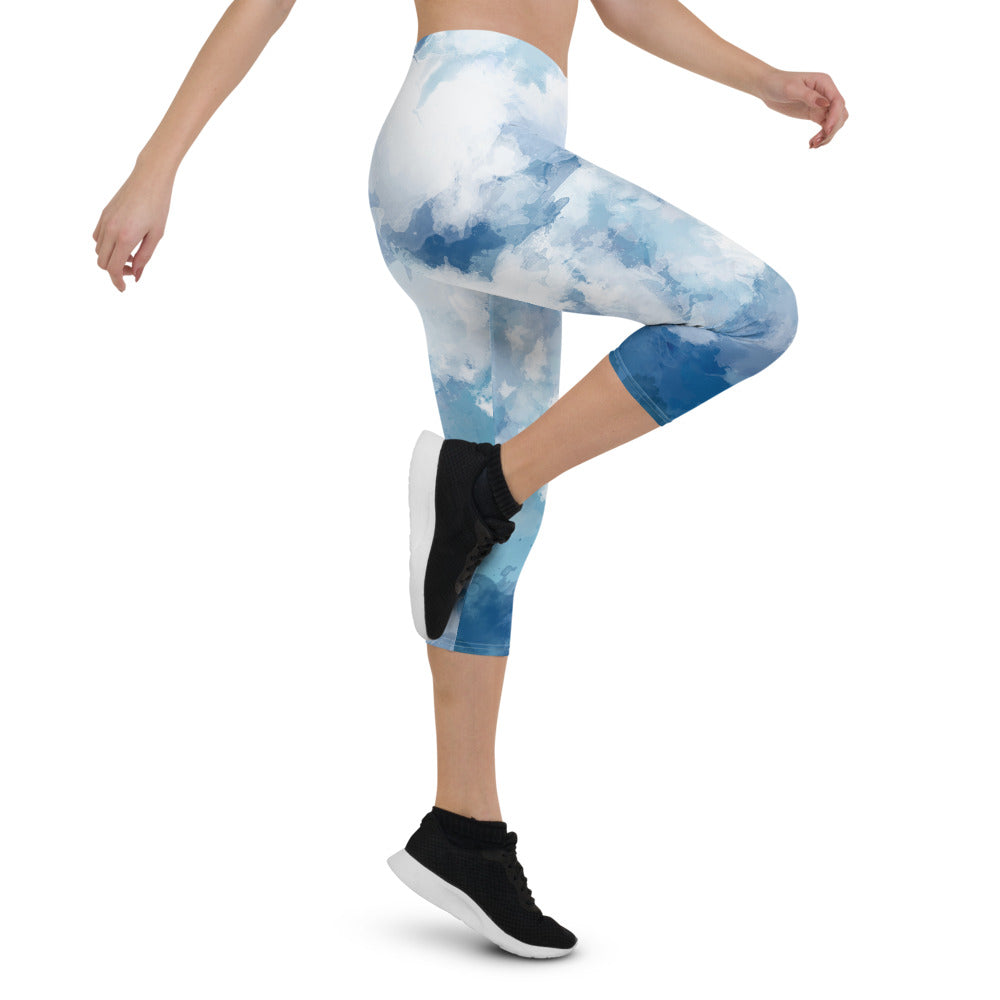 'Watercolor Blue' capri yoga leggings